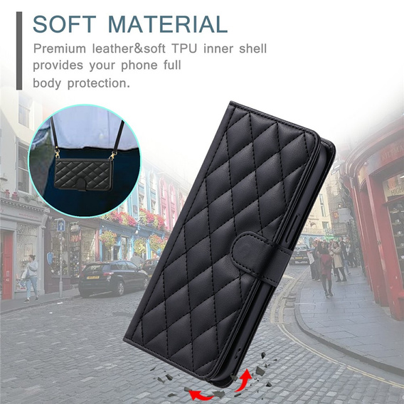 Puzdro s chlopňou pre Samsung Galaxy S25 FE, Rhombus Crossbody Leather, čierne