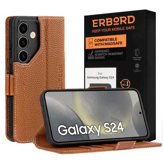 Kožené puzdro pre Samsung Galaxy S24, ERBORD LeatherWallet, hnedé