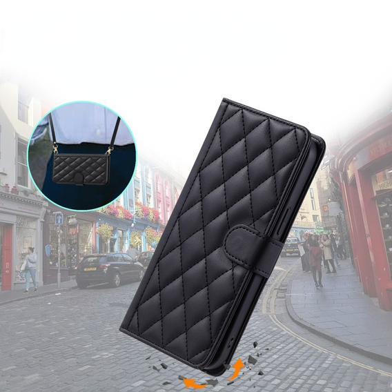 Puzdro s chlopňou pre iPhone 16 Pro Max, Rhombus Crossbody Leather, čierne