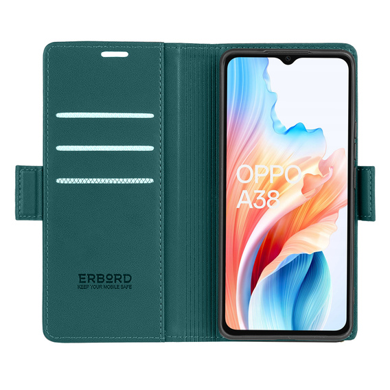 Puzdro pre Oppo A18 4G / A38 4G, ERBORD Glossy Litchi, flipová peňaženka, zelený