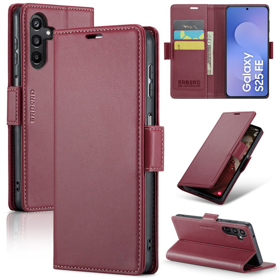 Puzdro pre Samsung Galaxy S25 FE, ERBORD Glossy Litchi, flipová peňaženka, červené