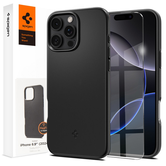 Puzdro Spigen pre iPhone 16 Pro Max, Thin Fit Mag, čierne + tvrdené sklo 9H