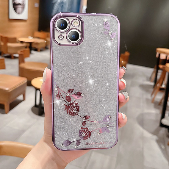 Puzdro pre iPhone 14 Plus, Glitter Flower, fialové