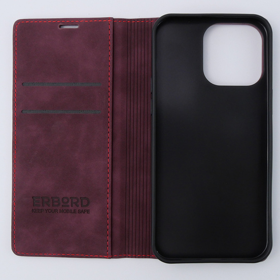 Puzdro pre iPhone 15 Pro Max, ERBORD Vintage, peňaženka s chlopňou, červené
