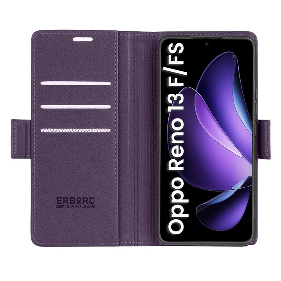 Puzdro pre Oppo Reno 13F / Oppo Reno 13FS, ERBORD Glossy Litchi, flipová peňaženka, fialové