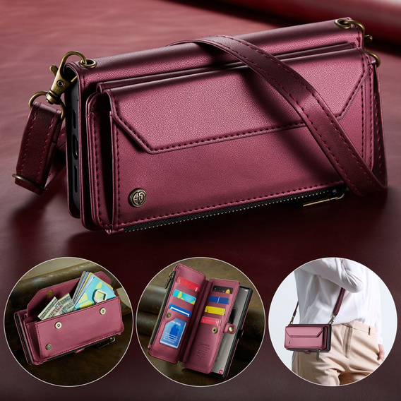 Puzdro CASEME pre Samsung Galaxy S25 Ultra, RFID Leather Wallet, s popruhom cez rameno, červené