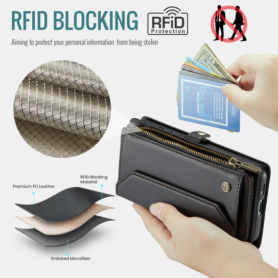 Puzdro CASEME pre Samsung Galaxy S25 FE, RFID Leather Wallet, s popruhom cez rameno, čierne