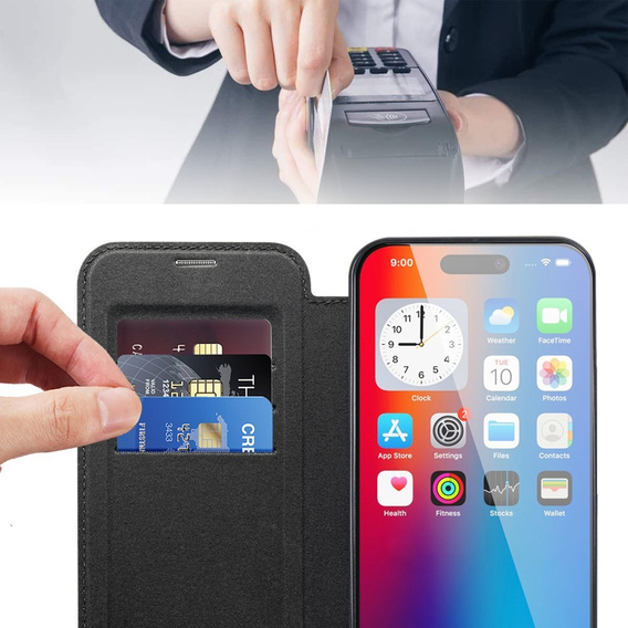 Klapkové puzdro pre iPhone 16, RFID Wallet MagSafe CamShield, čierne