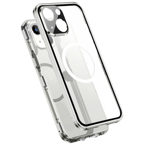 Magnetické puzdro Dual Glass MagSafe pre iPhone 14, strieborné
