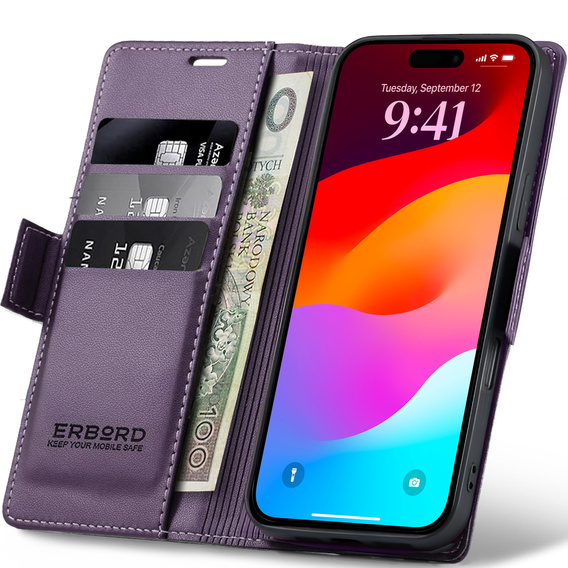 ERBORD Lesklé peňaženkové puzdro Litchi s chlopňou pre iPhone 17 Pro Max