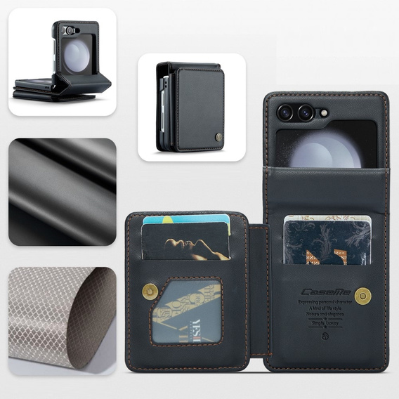 CASEME flipové puzdro pre Samsung Galaxy Z Flip5 5G, Litchi Wallet, čierne