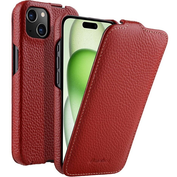 MELKCO flipové puzdro pre iPhone 15 Plus, kožené, flipové, červené