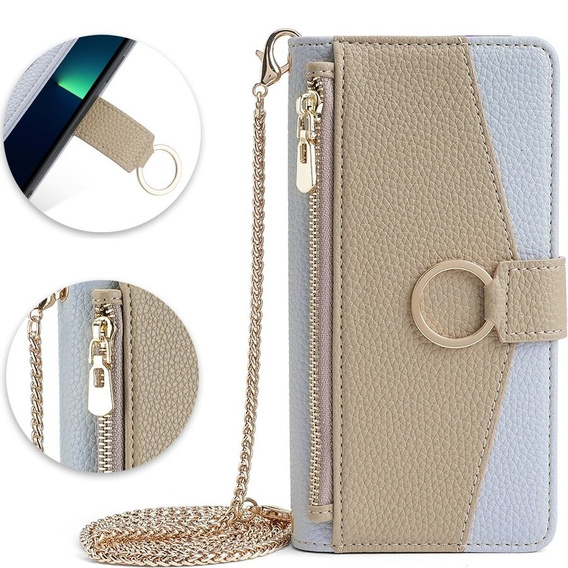 Flipové puzdro pre iPhone 15, Wallet Zipper Pocket, so zrkadlom, modré