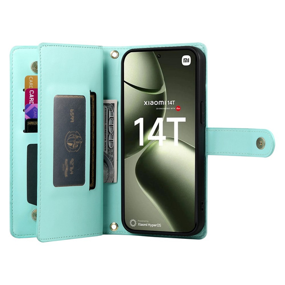 Klapkové puzdro pre Xiaomi 14T, Wallet Zipper Pocket, zelený