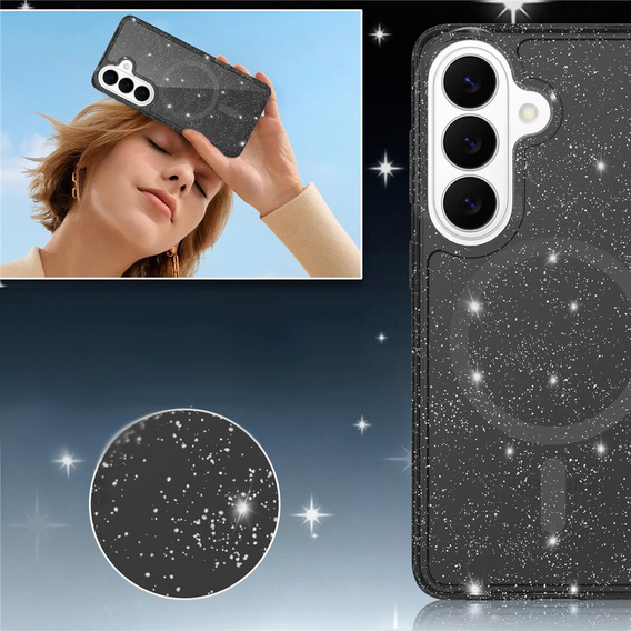 Třpytivé pouzdro, pro MagSafe pro Samsung Galaxy S26, průhledné/černé