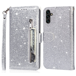 Klapkové puzdro pre Samsung Galaxy A36 5G, Wallet Zipper Pocket Glittery, strieborné