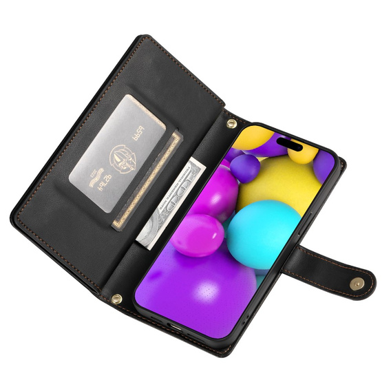 Klapkové puzdro pre iPhone 16 Plus, Wallet Zipper Pocket, čierne