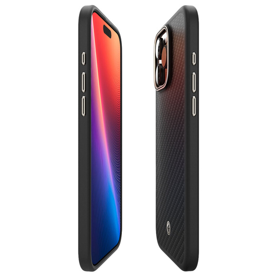 Puzdro Spigen pre iPhone 16 Pro Max, Enzo Aramid MagSafe, carbon čierne + tvrdené sklo 9H