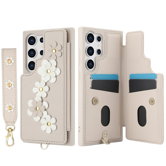 Puzdro pre Samsung Galaxy S24 Ultra, Leather Flower Card Slot, béžové