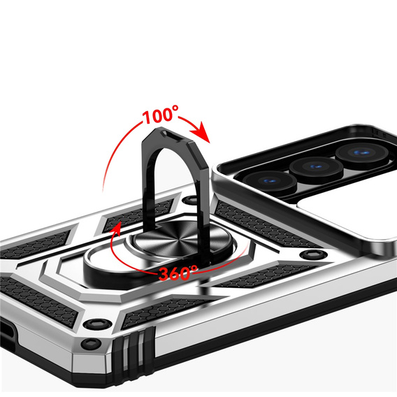 Puzdro s podstavcom a krytom objektívu pre Samsung Galaxy S26 Plus, strieborné