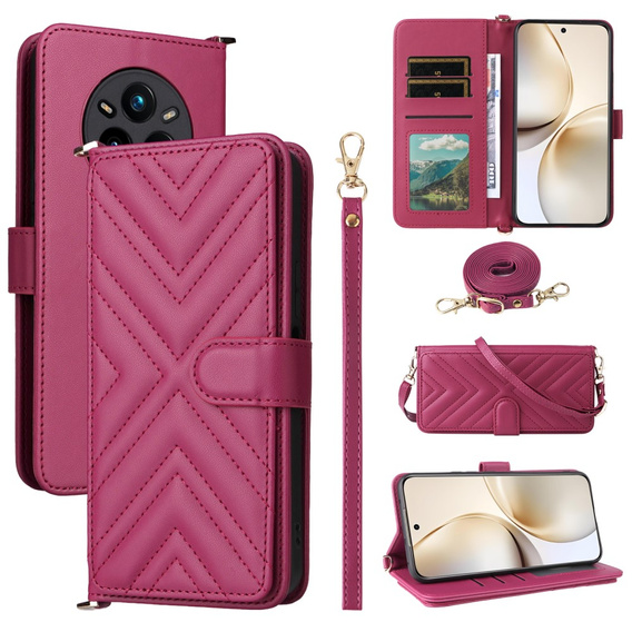 Puzdro s chlopňou pre Realme 14 Pro+ 5G, Crossbody Leather Wallet, tmavoružová