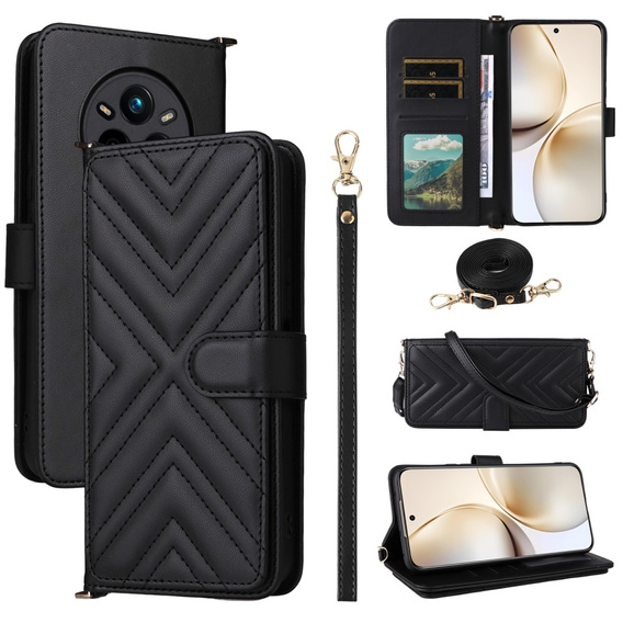 Puzdro s chlopňou pre Realme 14 Pro+ 5G, Crossbody Leather Wallet, čierne