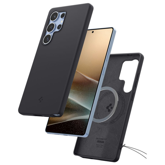 Spigen puzdro pre Samsung Galaxy S25 Ultra, Silicone Fit Mag, čierne + tvrdené sklo