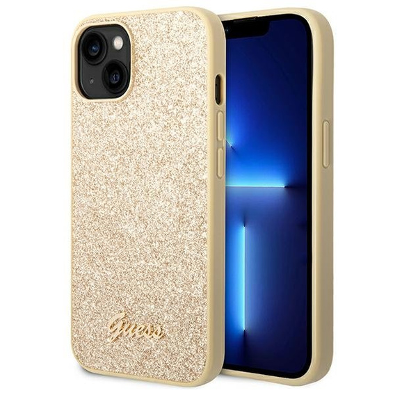 GUESS Obal na mobil pre iPhone 14 Plus, Glitter Script Hardcase, zlaté