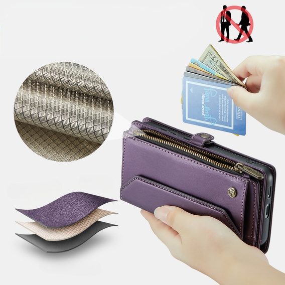 Puzdro CASEME pre Samsung Galaxy S24 FE, RFID Leather Wallet, s popruhom cez rameno, fialové
