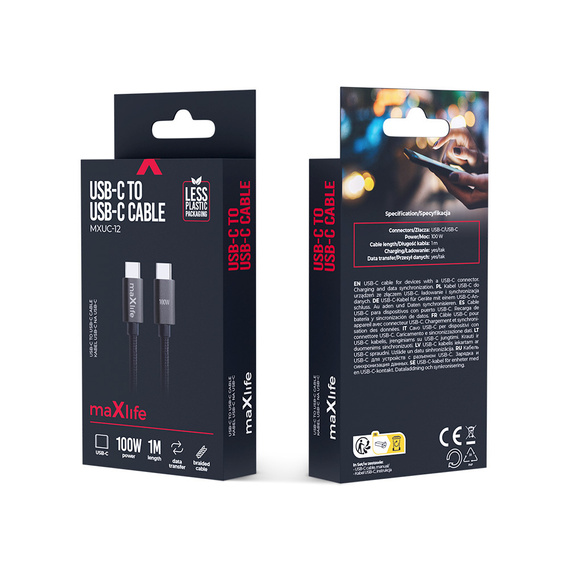 Maxlife kábel MXUC-12 USB-C - USB-C 1,0 m 100W, čierny