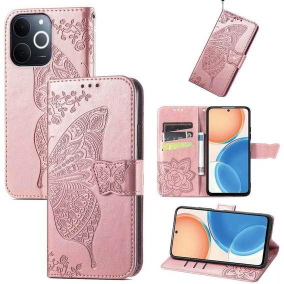Klapkové puzdro pre Realme Note 70T 4G, Butterfly, ružové rose gold