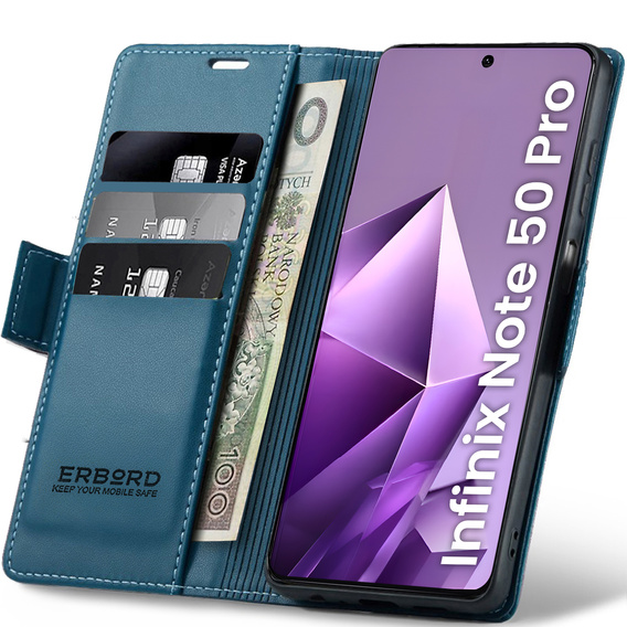 Puzdro pre Infinix Note 50 Pro, ERBORD Glossy Litchi, flipová peňaženka, modré