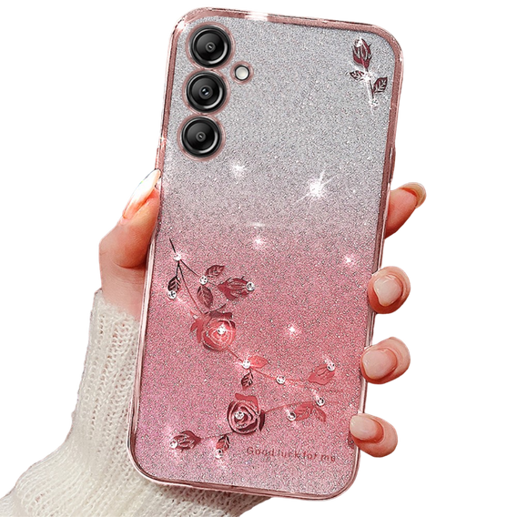 Puzdro pre Samsung Galaxy A15, Glitter Flower, ružové rose gold + 9H sklo