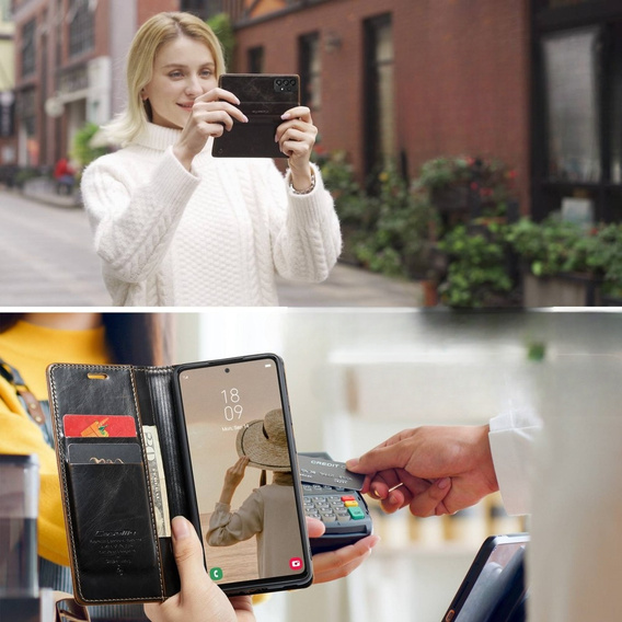 CASEME flipové puzdro pre Samsung Galaxy A53 5G, Waxy Textured, čierna / hnedá