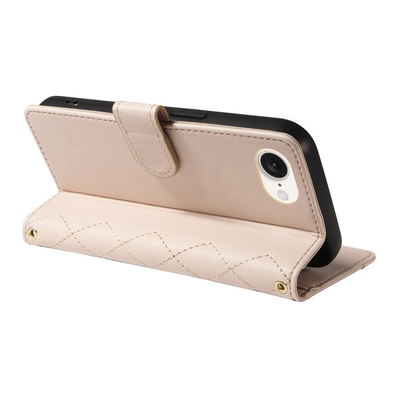 Puzdro s chlopňou pre iPhone 16E, Rhombus Crossbody Leather, béžové