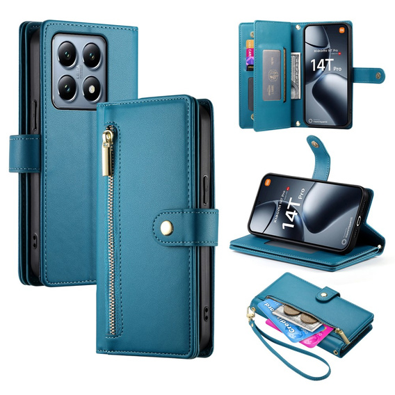 Klapkové puzdro pre Xiaomi 14T Pro, Wallet Zipper Pocket, modré