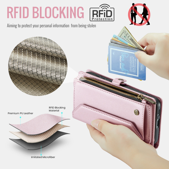 Puzdro CASEME pre Samsung Galaxy S25 FE, RFID Leather Wallet, s popruhom cez rameno, ružové
