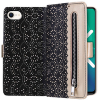 Klapkové puzdro pre iPhone 7/8/SE 2020/SE 2022, Wallet Pocket Zipper Lace, čierne