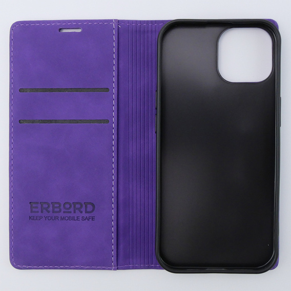 Puzdro pre iPhone 15, ERBORD Vintage, peňaženka s chlopňou, fialové