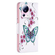 Klapkové puzdro pre Xiaomi 13 Lite, Wallet, butterfly & flowers, biele