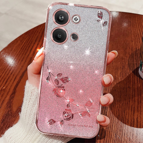 Puzdro pre Infinix Note 30 VIP, Glitter Flower, ružové rose gold