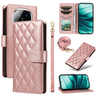 Puzdro s chlopňou pre Xiaomi Redmi Note 14 Pro 5G / Xiaomi Redmi Note 14 Pro+ 5G / Xiaomi Poco X7 5G, Rhombus Crossbody Leather, ružové rose gold