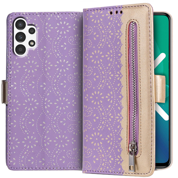 Klapkové puzdro pre Samsung Galaxy A13 4G, Wallet Pocket Zipper Lace, fialové