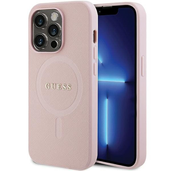 GUESS Obal na mobil pre iPhone 14 Pro, Saffiano MagSafe, ružové