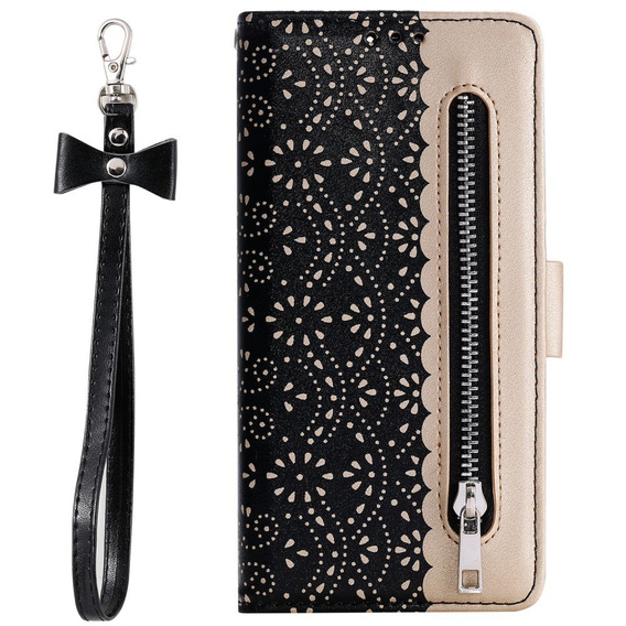 Klapkové puzdro pre Samsung Galaxy A51, Wallet Pocket Zipper Lace, čierne