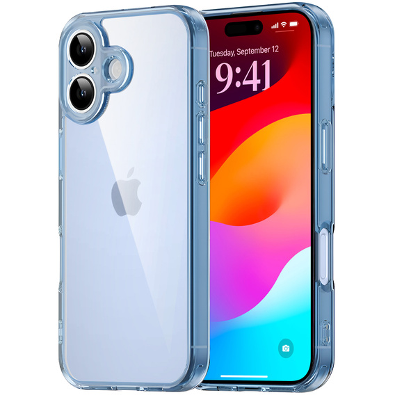 Puzdro pre iPhone 17, s krytom fotoaparátu, priehľadné s modrými stranami