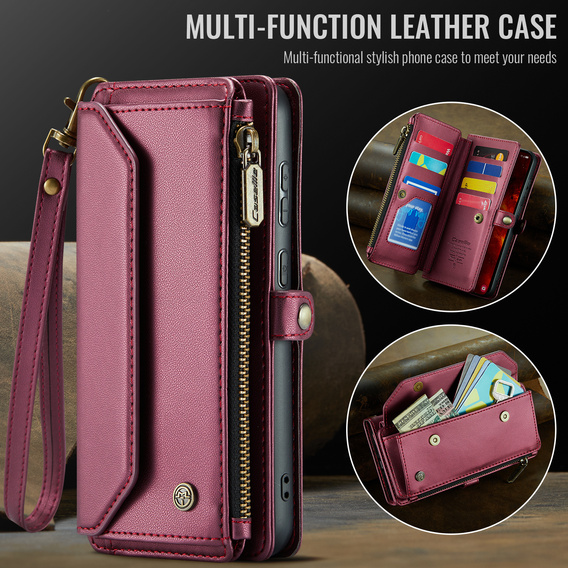 Puzdro CASEME pre Samsung Galaxy S25 FE, RFID Leather Wallet, s popruhom cez rameno, červené