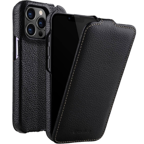MELKCO flipové puzdro pre iPhone 14 Pro, kožené, flipové, čierne
