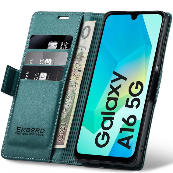 Puzdro pre Samsung Galaxy A16, ERBORD Glossy Litchi, flipová peňaženka, zelený