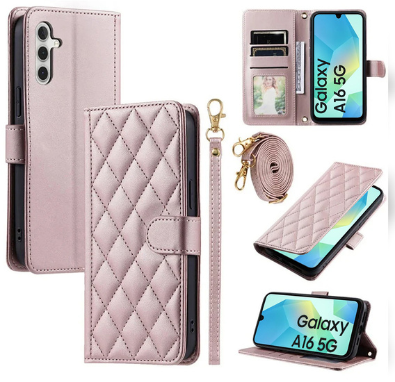 Puzdro s chlopňou pre Samsung Galaxy A16, Rhombus Crossbody Leather, ružové rose gold